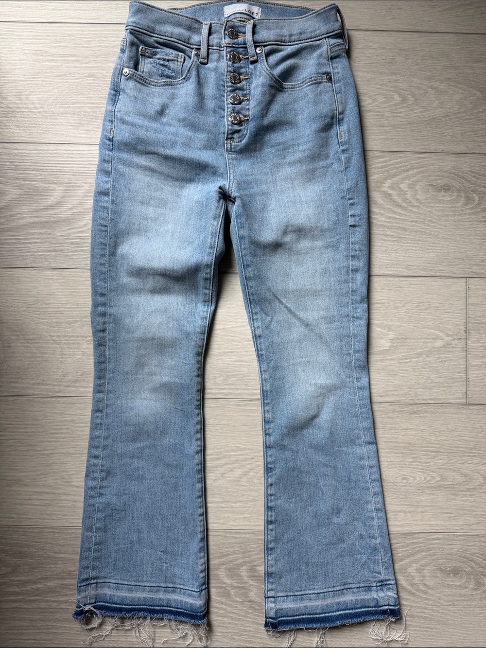 LOFT Faded Blue High-Rise Button-Fly “The Kick Crop”Flare Jeans